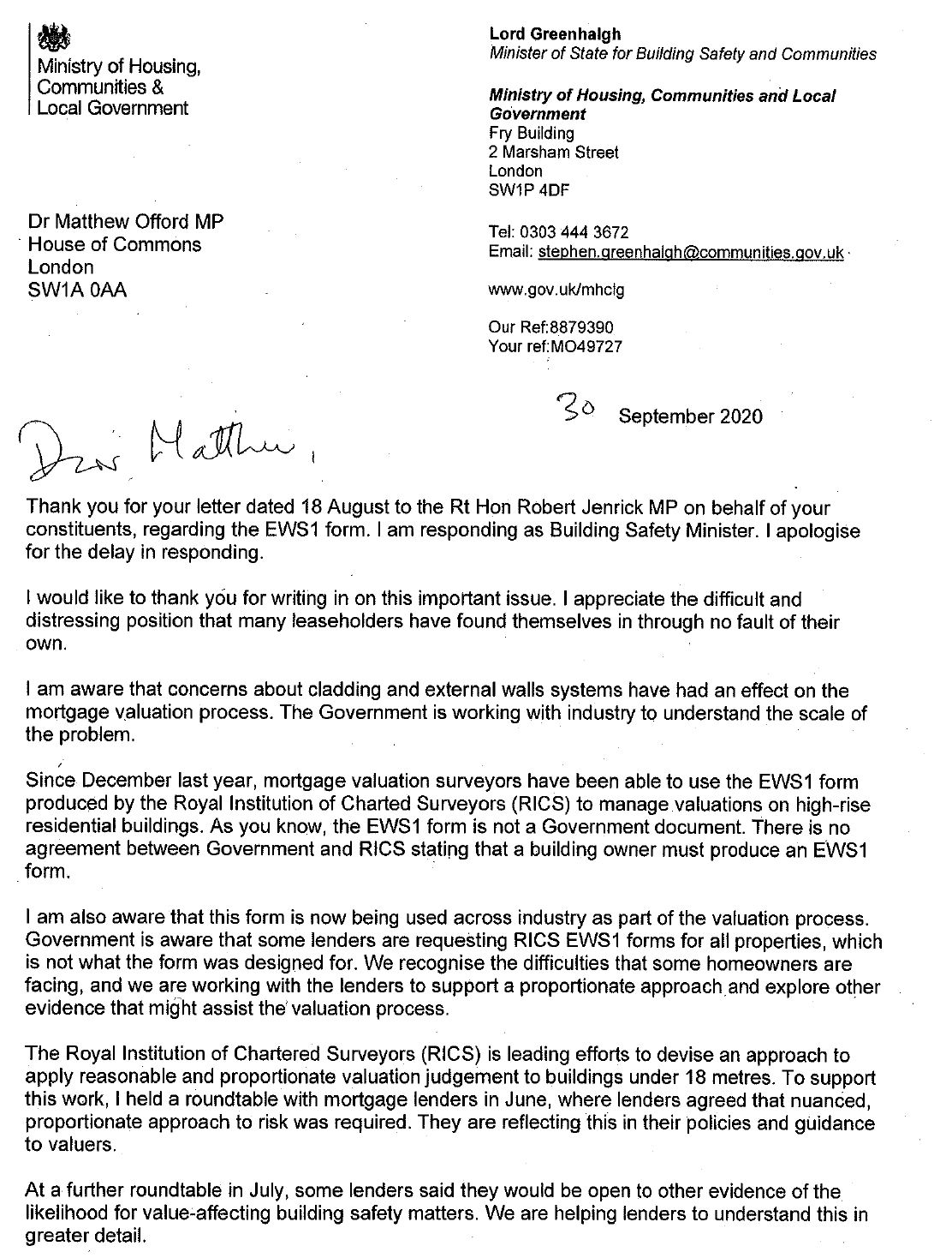 Lord Greenhalgh letter